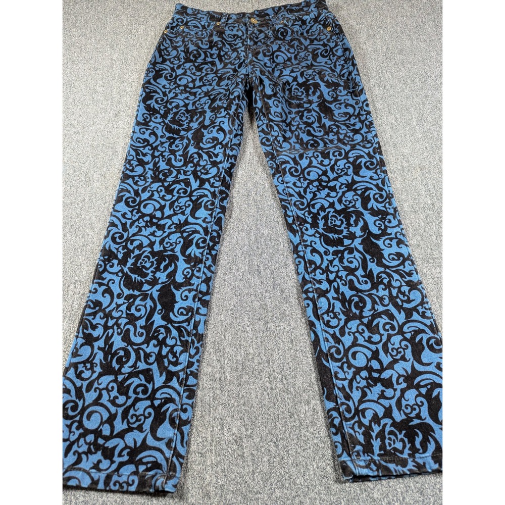 DG2 Diane Gilman Womens 2P Blue Black Flocked Damask Straight Leg Pants Stretch
